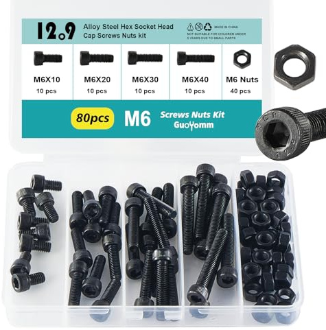 GuoYomm 80 Stück M6 Schrauben Set, Zylinderschrauben mit Innensechskant Schrauben Set, Schwarz Maschinenschrauben Muttern Set, 12,9 Grad Kohlenstoffstahl, Längen: 10mm 20mm 30mm 40mm