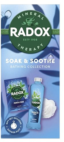 Radox Soak & Soothe Bathing Collection Gift Set with a bath soak, bath salts, and a shower puff perfect for any occasion 2 piece