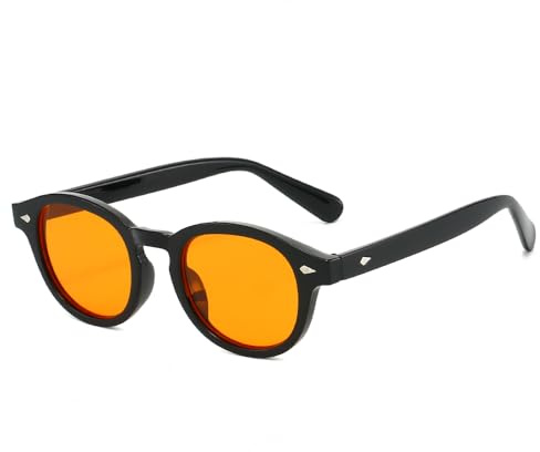 YAMEIZE Vintage runda solglasögon för kvinnor män retro små solglasögon 90-tals glasögon, Svart orange