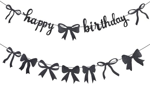 Happy Birthday Girlande Schwarz mit Schleife, Happy Birthday Banner Geburtstagsdeko Schwarz Schleifen Girlande Geburtstag Deko Geburtstagsdeko Banner für Erwachsene Geburtstag Party Dekoration
