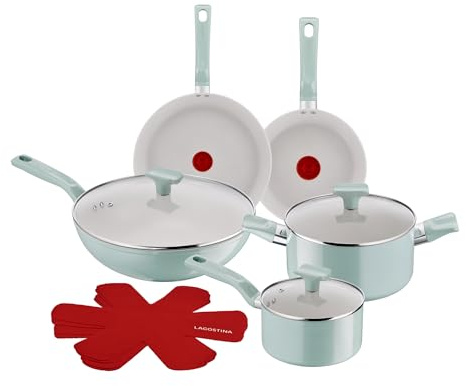 Lagostina Salvia, Set di Padelle e Pentole Antiaderenti 12 Pezzi in Alluminio, Rivestimento Mineralia, Indicatore di Calore Thermo-Signal, Manico Rivettato, Compatibili con Induzione
