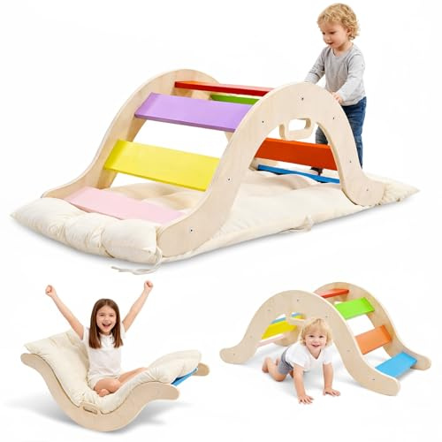 Montessori 5-in-1 Wooden Climbing Arch Set with Soft Cushion - Toddler Climber Gym (Climbing Ladder/Rocker/Crawl Tunnel) - UK Safety Compliant, Indoor/Outdoor Use（D）
