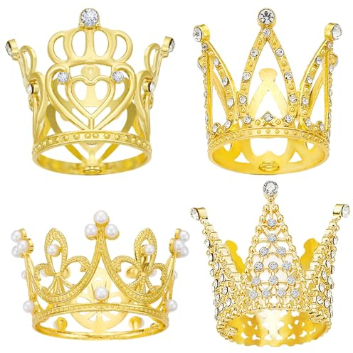 4 st krona tårtdekoration 4 stilar guldfärgad krona för tårta med strass/pärlpärla mångsidig legering topper för födelsedag, bröllop och mer
