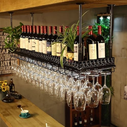 ZHHR Hanging Wine Rack - Hanging Wine Rack with Glass Holder and Shelf, Height Adjustable Industrial Hanging Wine Bottle Holder, Metal Ceiling Glass Rack for Bar Cafe Kitchen (Black, 120 X 35 CM)
