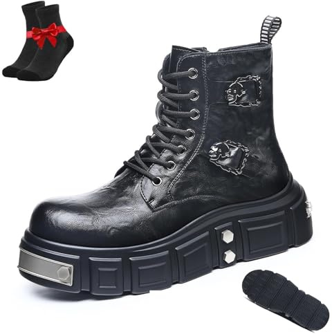 SYT-MD Botas De Tobillo Punk Góticas For Hombre, Botines Con Cordones, Botas De Trabajo De Cuero Con Plataforma Gruesa For Hombres Y Mujeres(Black,42 EU)