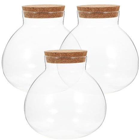 VICASKY Lot de 3 Bouteilles en Verre Écologique Sphériques 15x16 Cm avec Bouchon en Liège, Conteneurs Paysagers pour Micro-paysages, Pots Multi-usages Transparents pour Décoration