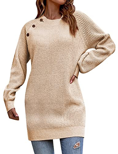 Stickad Klänning for Kvinnor, Långärmad Fashionabel Med Fast Knapp, Lång Ullklänning(Beige,M)