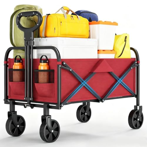 Chariot Pliable Chariot De Camping Haute Qualité 5 Pouces Oxford 600D Tube Carré Plein Air (Red 380LBS)