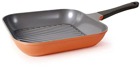 Neoflam 11-Inch Eela Grill Pan with Bakelite Handle and Ecolon Non-Stick Coating, Orange