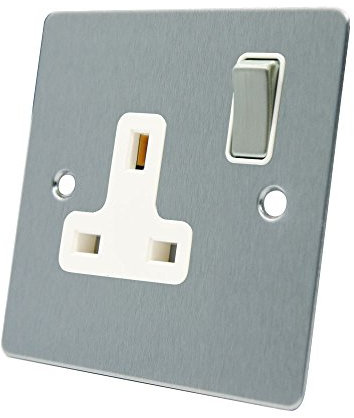 AET FSC1GSOCWS Satin Chrome Flat 1 Gang White Insert Metal Rocker Switch-13 Amp Single Plug Socket, 240 V