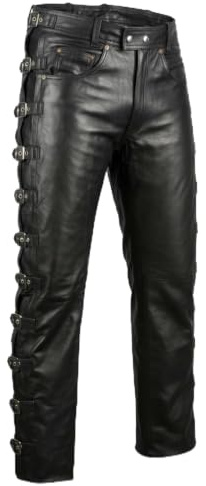 Biker läderbyxor med spännen bikerjeans läderjeans motorcykel läderbyxor, svart, 30W
