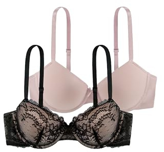 Dorina Set 2 Reggiseni Demi Donna Chloe – con Ferretto, Leggermente Imbottiti con Pizzo Floreale, Morbido Tessuto Micro e Spalline Regolabili, Nero e Cipria