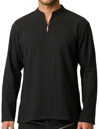 PANASIAM Fischerhemd Herren - leichtes Sommerhemd - Henley Shirt kragenlos | Baumwollhemd aus 100% Baumwolle, Fisherman Shirt, mit Holzknopf, ohne Kragen, für Alltag, Urlaub und als Mittelaltershirt