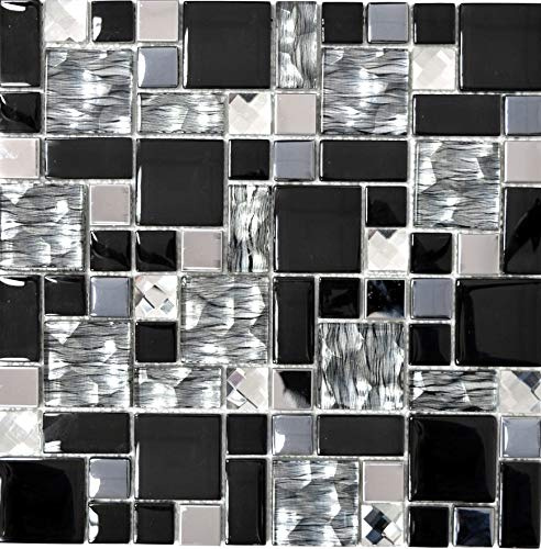 Mosaik Fliese Transluzent Edelstahl schwarz Kombination Glasmosaik Crystal Stahl schwarz Glas für WAND BAD WC, Mattengröße: 300x300 = 0,09 qm, Steingröße: 23x23/23x48/48x48x8 mm - 1 Matte