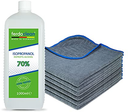 ferdoclean® 1000ml Isopropanol 70% + 6 x Mikrofasertücher (40 x 40 cm) 380 GSM Saugstark | 1l IPA Alkohol Reiniger für Haushalt, Auto | Fettentferner Reinigungsmittel | Microfasertuch blau/anthrazit