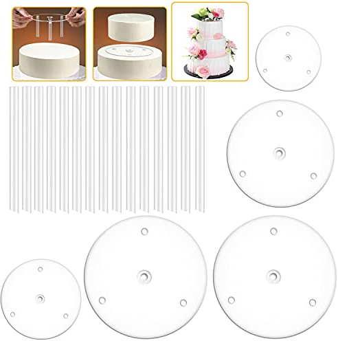 NICAVKIT Base per Torta, 5 Tavole per Dolci, Supporti per Torta (9/12/16/20/20cm), 15 Tasselli per Torta, Riutilizzabili per Torte Impilate a Più Livelli Che Decorano Festa di Compleanno