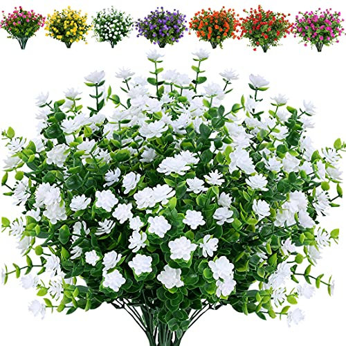 JOYGAR 12 Bundles Artificial Flowers Fake Boxwood Shrubs UV Resistant No Fade Faux Greenery Faux Plastic Lotus for Home Garden Hanging Planter Indoor Porch Patio Office Wedding Decoration(White)