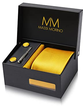Massi Morino Krawatte mit Einstecktuch Set Herren inkl. Manschettenknöpfe, Krawattennadel und Geschenkbox - Männer Krawattenset zur Hochzeit