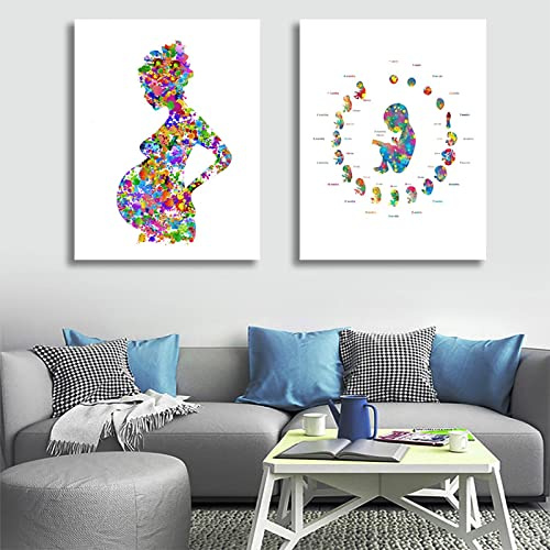 Dittelle Embryo Entwicklung Schwangere Frau Aquarell Poster Mama Baby Leinwand Gemälde und Drucke Wandkunst Bild Dekor 19.6x 27.5(50x70cm) x2 Kein Rahmen