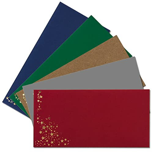 25x Briefumschläge mit Metallic Sternen - DIN Lang, Haftklebung - Mix Set 1, Umschläge in Rot, Grau, Grün, Blau und Kraftpapier - mit Sternen in Gold