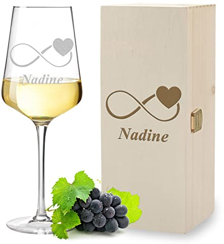 polar-effekt Bicchiere da Vino Bianco da 560 ml + Scatola di Legno con Incisione a Scelta - Motivo Simbolo dell'infinito - Bicchiere da Vino Personalizzato - Set Regalo