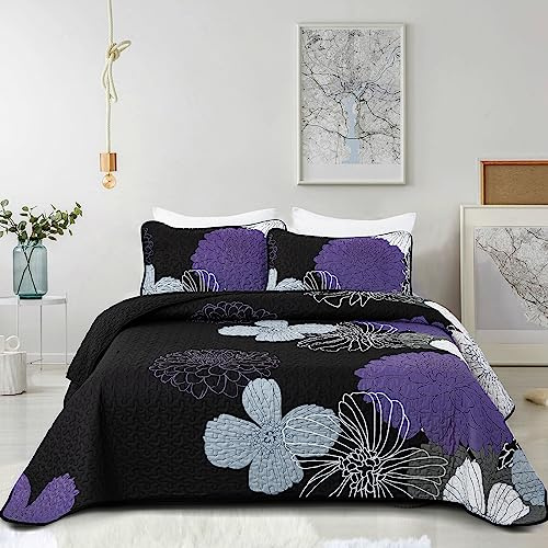 Purple Floral Quilt Set Queen Size - 3 Pieces Purple Flower Pattern Coverlet Set, Soft Microfiber Lightweight Quilted Bedspread for All Season with 2 Pillowcases All Seasons Bed Cover Set 96x90