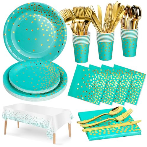 Nkaiso 141Stück Partygeschirr Blaugrün und Gold Partyzubehör Pappteller Set, ​Geburtstag Wiederverwendbar Papier Geschirr Set mit Teller Becher Servietten zum Hochzeiten Jubiläums -20 Gäste