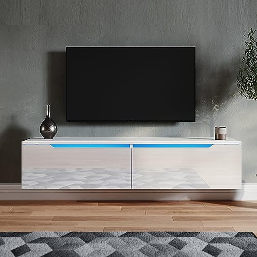 SONNI Mobile TV Bianco Alto Lucido Senza Maniglia Design Mobile Basso Soggiorno con Illuminazione a Led Mobile Porta TV (140x35x30cm) per Soggiorno o Salotto
