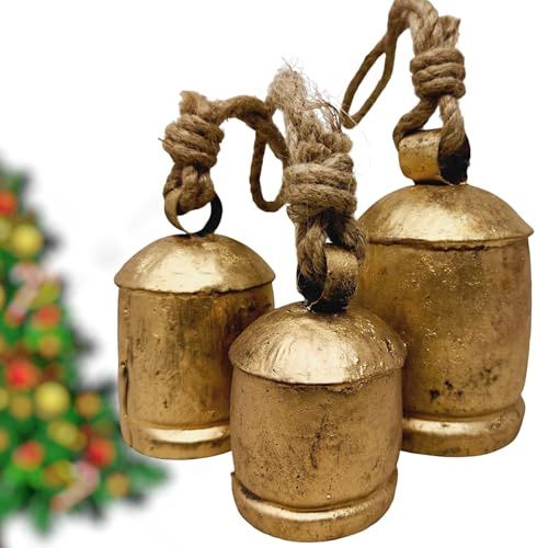Set mit 3 Weihnachtsglocken zum Aufhängen, Harmonie-Sound, Kuhglocken, Vintage-Stil, handgefertigt, rustikal, Glücksglocken am Seil, Shabby Chic, rustikale hängende Weihnachtsbaum-Dekoration