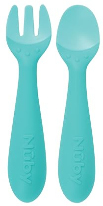 Nuby Gabel und Löffel aus Silikon, leicht zu greifen, BPA-frei, 12 + m, Aquamarin