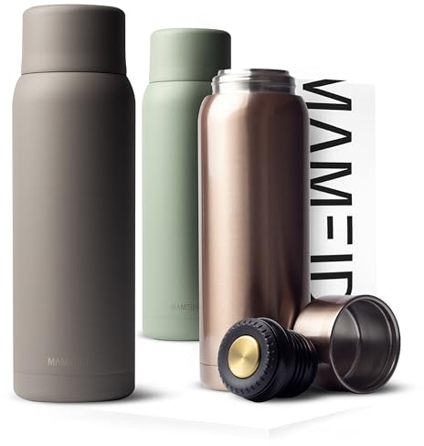 MAMEIDO Thermoskanne mit Becher 1 l aus Edelstahl, Isolierkanne bis zu 12h heiß, auslaufsichere Thermosflaschen BPA frei, Kaffee & Tee unterwegs (Taupe Grey)