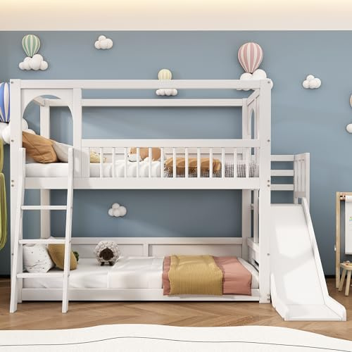 KecDuey Kinder-Etagenbett 90 x 200cm, Doppelbett, multifunktionales Kinderbett, mit Regalen, mit Rutsche, mit Lattenrost ohne Matratze