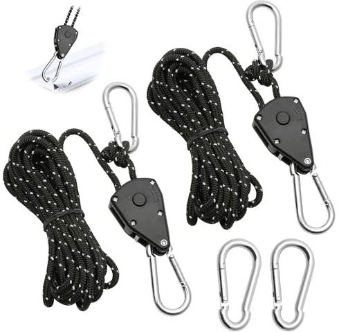2 Pcs 4M Ratchet Ropes, Grow Lights Ratchet Hangers with 2 Replacement Snap Hooks Metal, Adjustable Heavy Duty Rope Hanger for Grow Room Equipment and Outdoor Camping