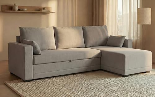 BUDWING Leah Sofá Cama Esquinero 3 Plazas - Chaise Longue Reversible y 2 Cojines Decorativos – Tapizado en Poliéster – Estilo Moderno – 233x124x69 cm – Gris Claro
