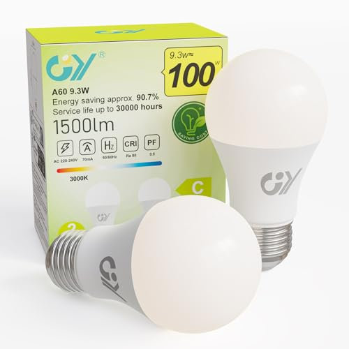 GY 9.3W Bombillas Led E27 Luz Calida 3000K 1500LM, No Regulable - Clase C Bombilla Bajo Consumo, A60 Bombilla E27 Casquillo Pack de 2