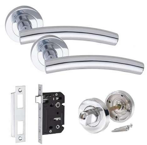 Golden Grace Arched T-Bar Bathroom Door Handle Set, Polished Chrome | Includes thumbturn and mortise lock on a rose base, with humidity-resistant metal construction built for frequent use.