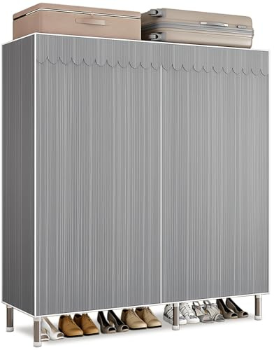 Dictstarst Kleiderschrank Stoffschrank Stabil, Stoff Faltschrank Für Schlafzimmer Mit Kleiderstange & Ablagen, Ankleidezimmer Garderobe Mit Kleiderständer 106x46x173cm Graue Streifen