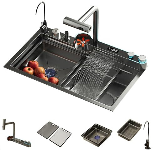 Schwarz Modernes Doppel-Wasserfall-Spülbecken Küchen-Spülbecken Aus Edelstahl Mit Aufsatz/Unterbau LED-Anzeige Multifunktionaler Wasserhahn Verschiedene Zubehörteile.(75 * 45 * 22cm)
