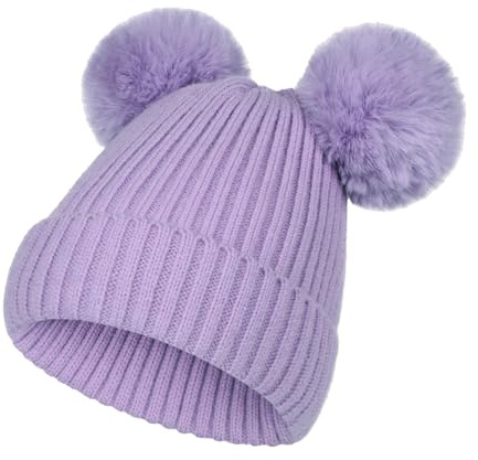 NATUST Kind Wintermütze Mädchen Kunstfell Bommelmütze Warme Strickmütze mit Zwei Bommeln
