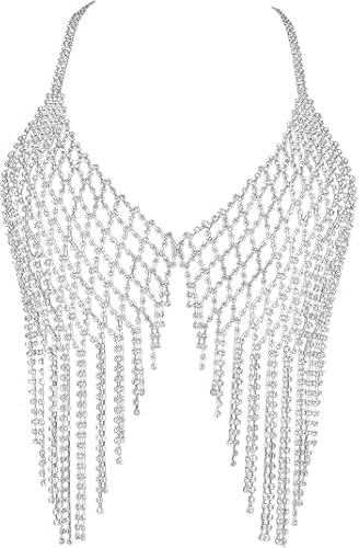 Tassel Rhinestone Chest Chain Bra Body Jewelry for Women Sexy Silver Bikini Bra Body Chains Underwear Party Sexy Rhinestone Pasties with Chest Chain