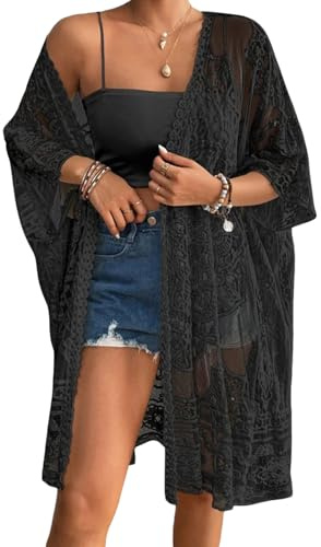 Qianderer Kimono da donna in pizzo copricostume estivo da spiaggia con maniche a 3/4 aperto sul davanti, in rete velata, cardigan kimono all'uncinetto, Ba Nero, Etichettalia unica