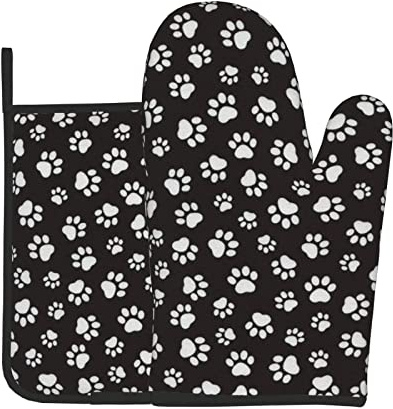 Schwarz-weiße Ofenhandschuhe und Grillhandschuhe mit Hunde- und Katzenpfotenabdrücken, Topflappen, Ofenhandschuhe und Topflappen mit Kochhandschuhen zum Backen, Grillen und Kochen