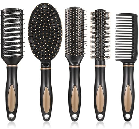 Kecanmater 5 Stück Haarbürste Set, Massage Haarbürsten Entspannungsbürsten Borsten Kamm Mehrere Stile Anti-Statik Hair Brush Rund Kamm Entlüftung Hair Brush für Frauen Männer Reisen
