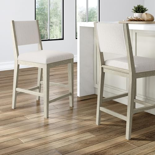 Plank+Beam Sereno Counter Stool, 24, Set of 2, Sturdy Wood Modern Kitchen Counter Height Stool, Upholstered Cushion Counter Chair with Back, Antique White/Ivory