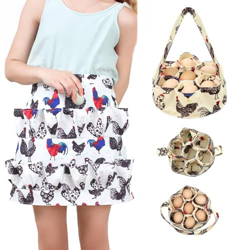 Egg Collecting Apron and Basket, 12 Deep Pockets Eggs Apron and 7 Pouches Eggs Basket, Collect Egg from Chicken Duck Goose, Perfect for Housewife Farmhouse Kitchen Parent-Child Activities
