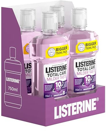 Listerine Total Care Milder Taste (Zero Alcohol) Antibacterial Mouthwash (750ml), Caring and Cleansing Wash with 10-in-1 Benefits, Freshens Breath with Milder Taste