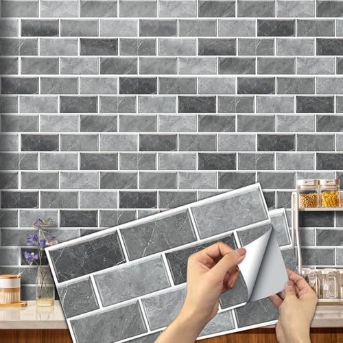 12pcs Grey Kitchen and Bathroom Tile Stickers, Stick on Tiles Waterproof Vinyl Self Adhesive Wall Tile Peel and Stick Tiles Decals for Living Room - 30x15cm