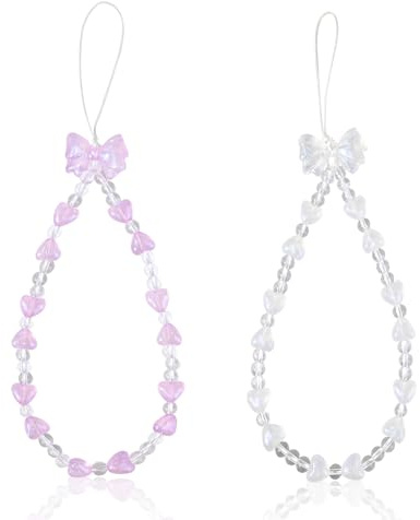 Reownest 2 Pack Phone Lanyard Charm Set - Cute Sparkling Crystal Bowknot Love Beaded Chain, Aesthetic Wrist Strap for Women Girls, Multi-Purpose Cellphone Bag Key Accessory