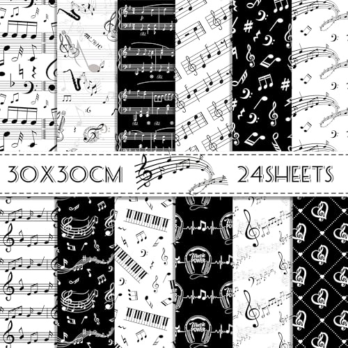 24 Blatt Scrapbook Papier Musik, 12-Typen Doppelseitige Dekorpapier Musiknoten für Origami Papier Journal Motivpapier DIY Fotoalbum 30x30cm