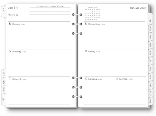 SKYDUE Kalendereinlage A5, Wochenplaner Einlagen 2026, Von Dezember 2025 Bis Dezember 2026, Kalender Einlagen 2026 1 Woche 2 Mit Tabs, Kalendereinlagen Für Kalender Ringbuch a5